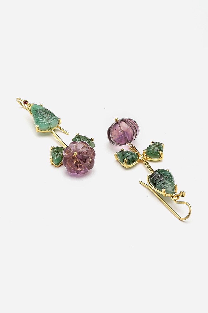 Gold Finish Carved Amethyst & Melon Balls Dangler Earrings In Sterling Silver by Jewels by Praccessorii at Pernia's Pop Up Shop