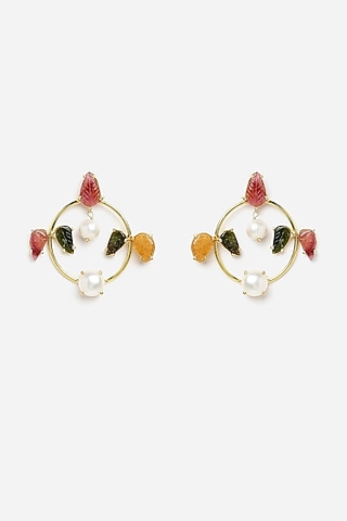 Gold Finish Carved Tourmaline Dangler Earrings In Sterling Silver by Jewels by Praccessorii