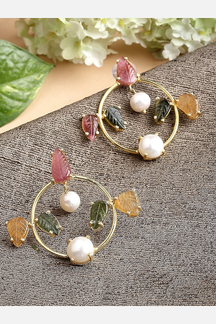 Gold Finish Carved Tourmaline Dangler Earrings In Sterling Silver by Jewels by Praccessorii at Pernia's Pop Up Shop