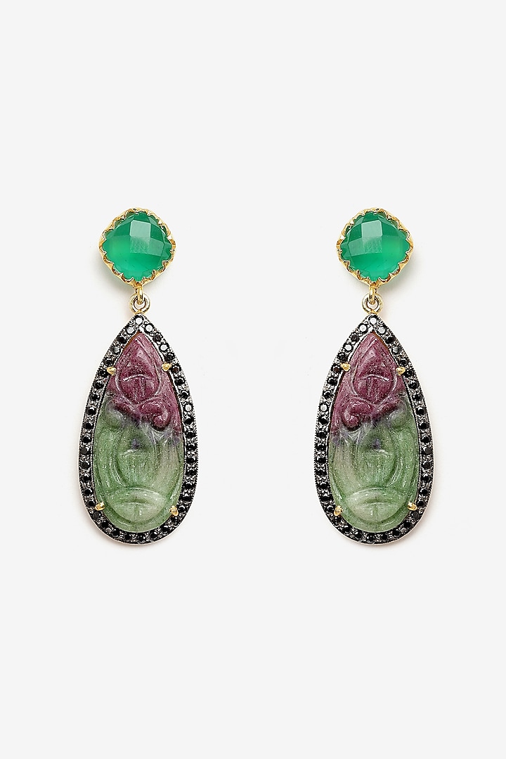 Gold Finish Carved Ruby Zoisite Dangler Earrings In Sterling Silver by Jewels by Praccessorii