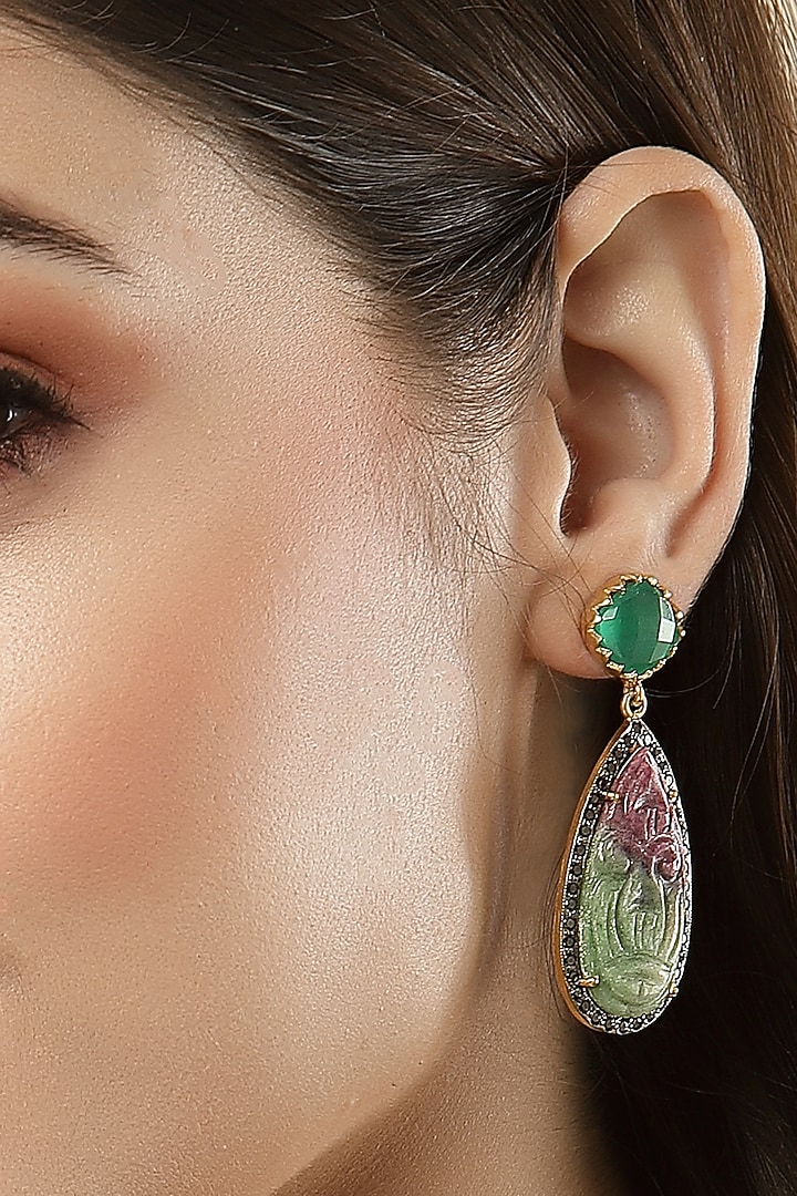 Gold Finish Carved Ruby Zoisite Dangler Earrings In Sterling Silver by Jewels by Praccessorii at Pernia's Pop Up Shop