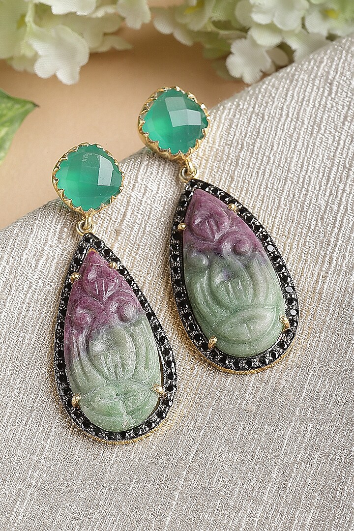 Gold Finish Carved Ruby Zoisite Dangler Earrings In Sterling Silver by Jewels by Praccessorii at Pernia's Pop Up Shop