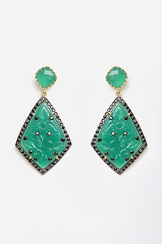 Gold Finish Green Onyx Dangler Earrings In Sterling Silver by Jewels by Praccessorii
