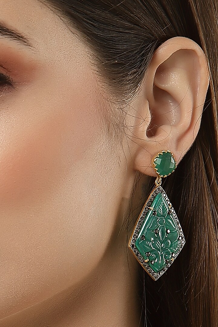 Gold Finish Green Onyx Dangler Earrings In Sterling Silver by Jewels by Praccessorii at Pernia's Pop Up Shop
