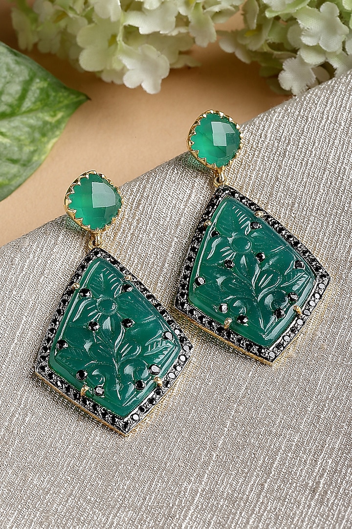 Gold Finish Green Onyx Dangler Earrings In Sterling Silver by Jewels by Praccessorii at Pernia's Pop Up Shop