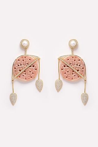 Gold Finish Carved Pink Opal & Pearl Dangler Earrings In Sterling Silver by Jewels by Praccessorii
