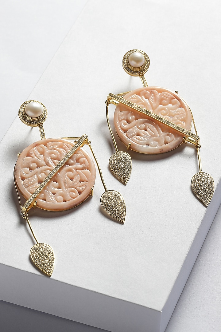 Gold Finish Carved Pink Opal & Pearl Dangler Earrings In Sterling Silver by Jewels by Praccessorii at Pernia's Pop Up Shop