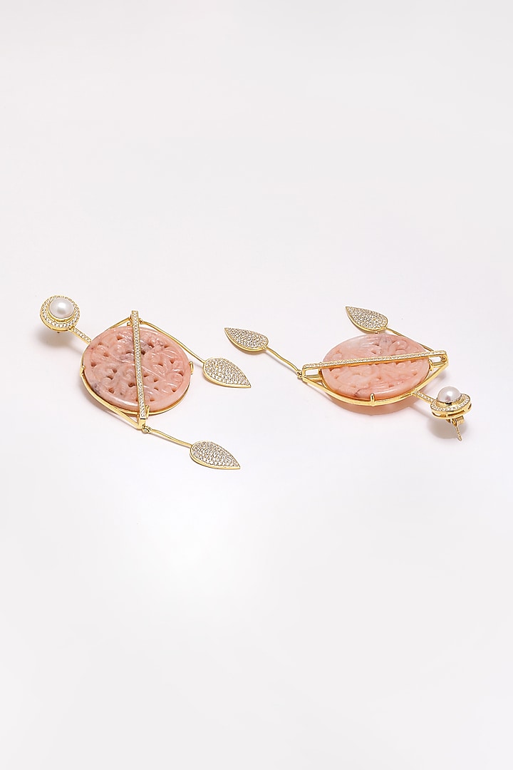 Gold Finish Carved Pink Opal & Pearl Dangler Earrings In Sterling Silver by Jewels by Praccessorii at Pernia's Pop Up Shop