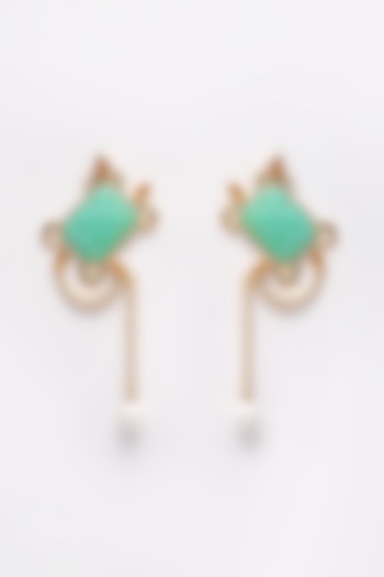 Gold Finish Carved Green Onyx Dangler Earrings In Sterling Silver by Jewels by Praccessorii