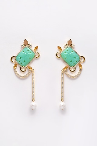 Gold Finish Carved Green Onyx Dangler Earrings In Sterling Silver by Jewels by Praccessorii