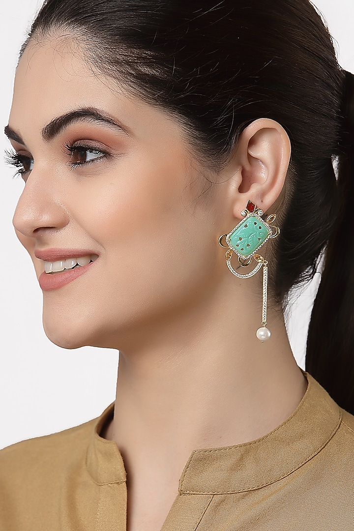 Gold Finish Carved Green Onyx Dangler Earrings In Sterling Silver by Jewels by Praccessorii at Pernia's Pop Up Shop