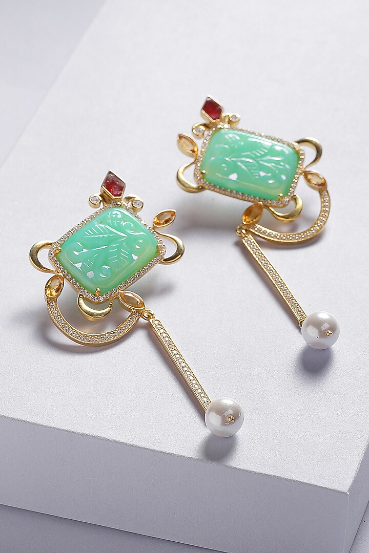 Gold Finish Carved Green Onyx Dangler Earrings In Sterling Silver by Jewels by Praccessorii at Pernia's Pop Up Shop