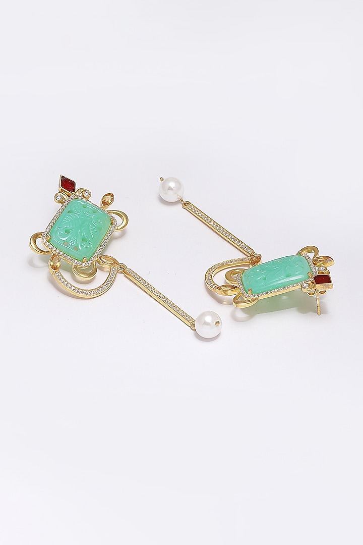 Gold Finish Carved Green Onyx Dangler Earrings In Sterling Silver by Jewels by Praccessorii at Pernia's Pop Up Shop