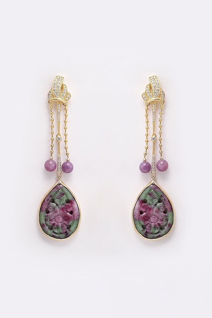 Gold Finish Ruby Zoisite & Cubic Zirconia Dangler Earrings In Sterling Silver by Jewels by Praccessorii