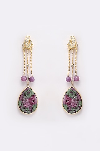 Gold Finish Ruby Zoisite & Cubic Zirconia Dangler Earrings In Sterling Silver by Jewels by Praccessorii