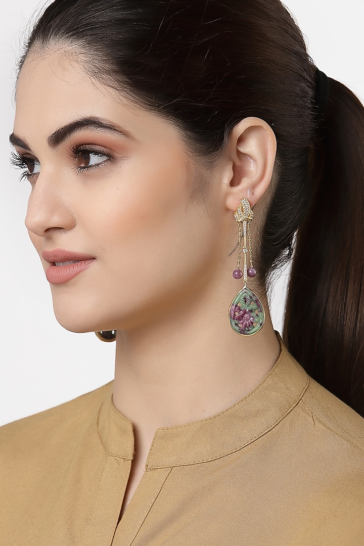 Gold Finish Ruby Zoisite & Cubic Zirconia Dangler Earrings In Sterling Silver by Jewels by Praccessorii at Pernia's Pop Up Shop