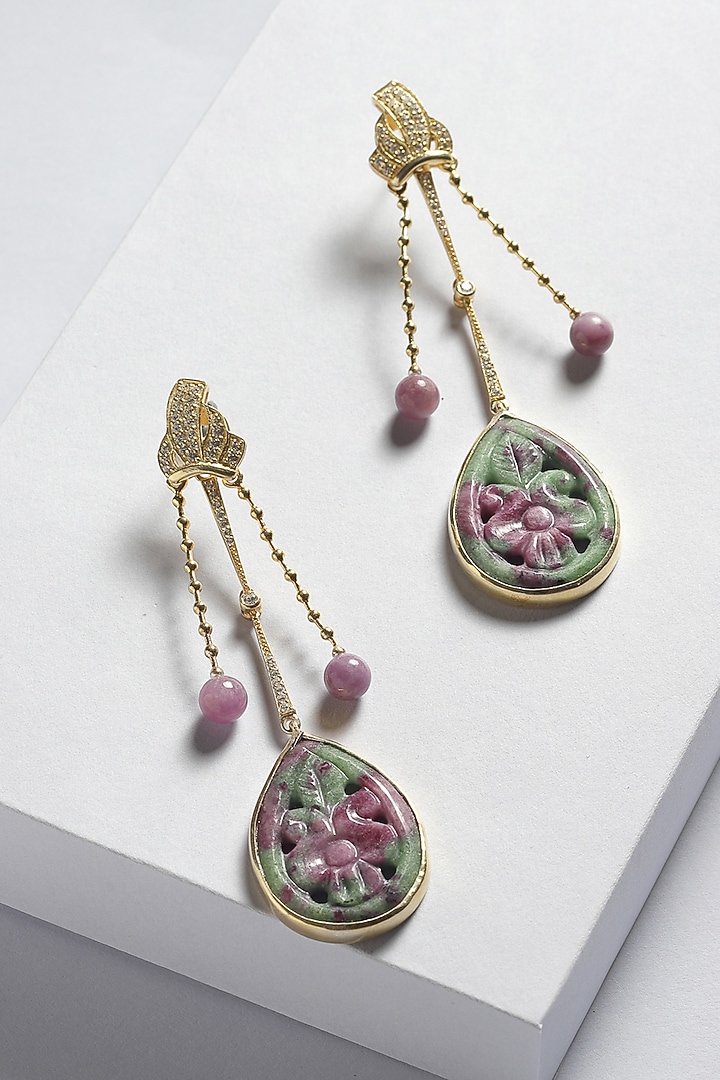 Gold Finish Ruby Zoisite & Cubic Zirconia Dangler Earrings In Sterling Silver by Jewels by Praccessorii at Pernia's Pop Up Shop