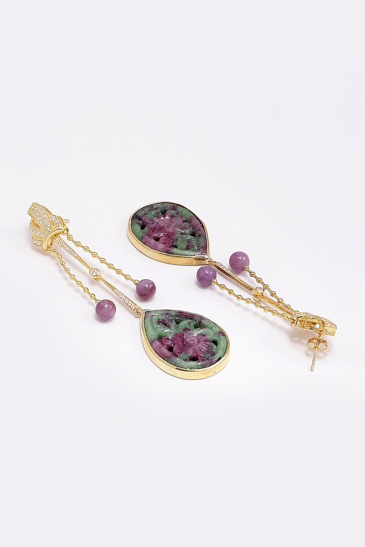 Gold Finish Ruby Zoisite & Cubic Zirconia Dangler Earrings In Sterling Silver by Jewels by Praccessorii at Pernia's Pop Up Shop
