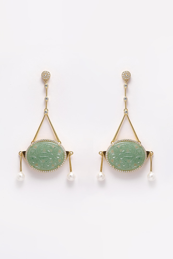 Gold Finish Green Onyx & Cubic Zirconia Dangler Earrings In Sterling Silver by Jewels by Praccessorii
