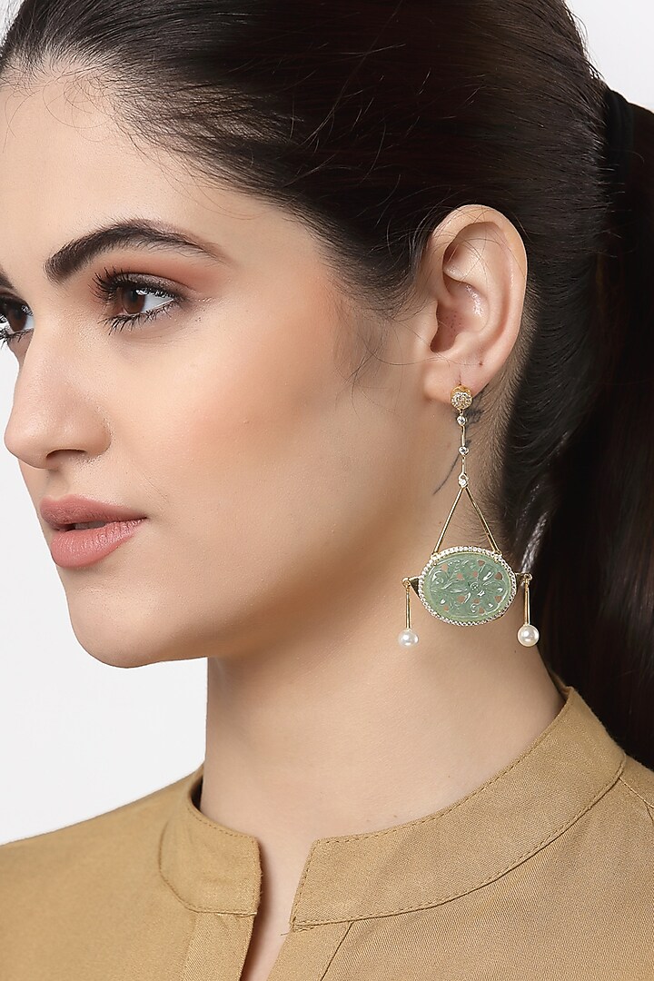 Gold Finish Green Onyx & Cubic Zirconia Dangler Earrings In Sterling Silver by Jewels by Praccessorii at Pernia's Pop Up Shop