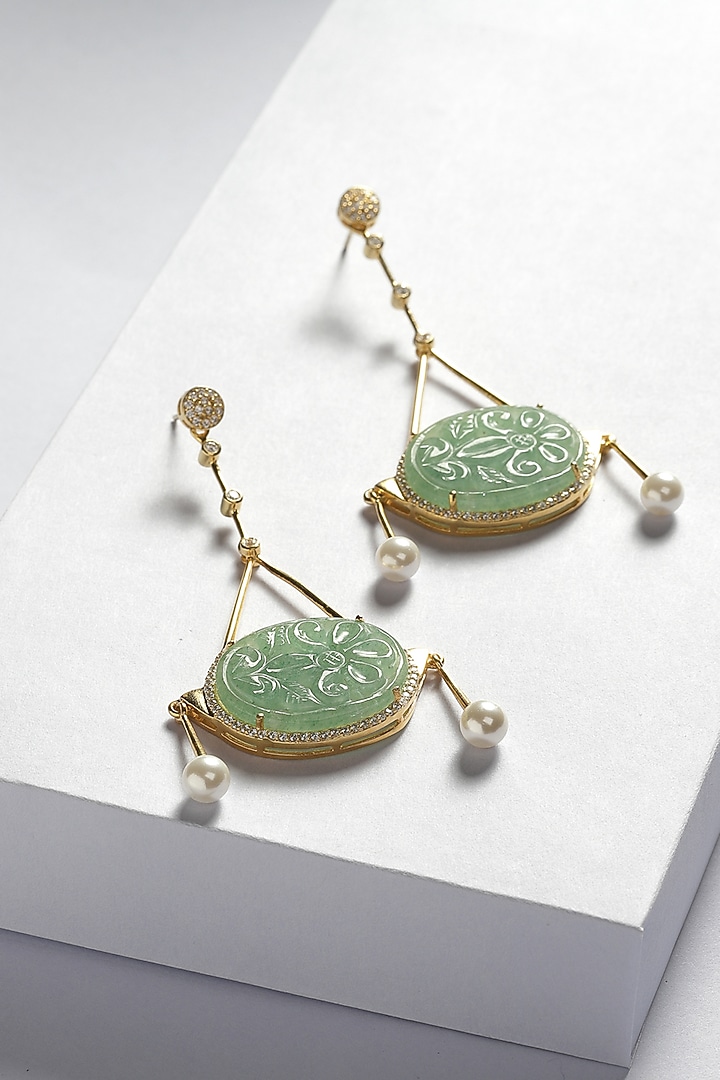 Gold Finish Green Onyx & Cubic Zirconia Dangler Earrings In Sterling Silver by Jewels by Praccessorii at Pernia's Pop Up Shop