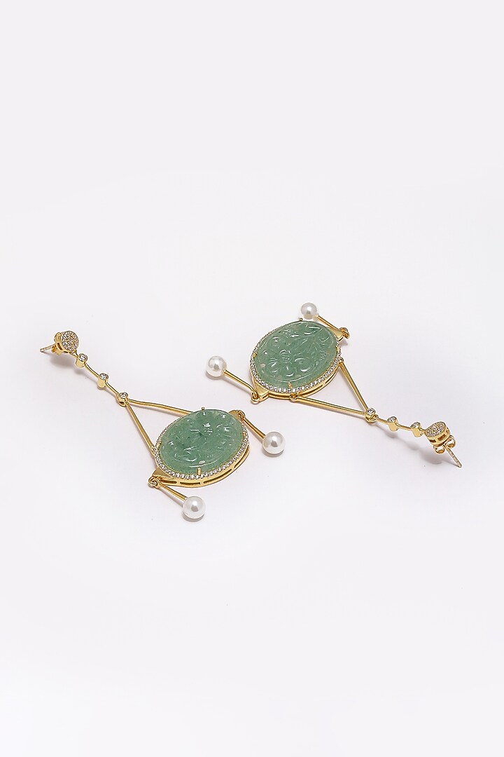 Gold Finish Green Onyx & Cubic Zirconia Dangler Earrings In Sterling Silver by Jewels by Praccessorii at Pernia's Pop Up Shop
