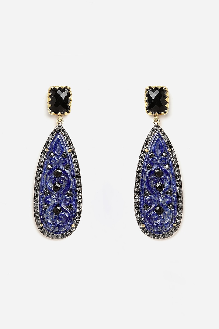 Gold Finish Lapis & Black Onyx Dangler Earrings In Sterling Silver by Jewels by Praccessorii