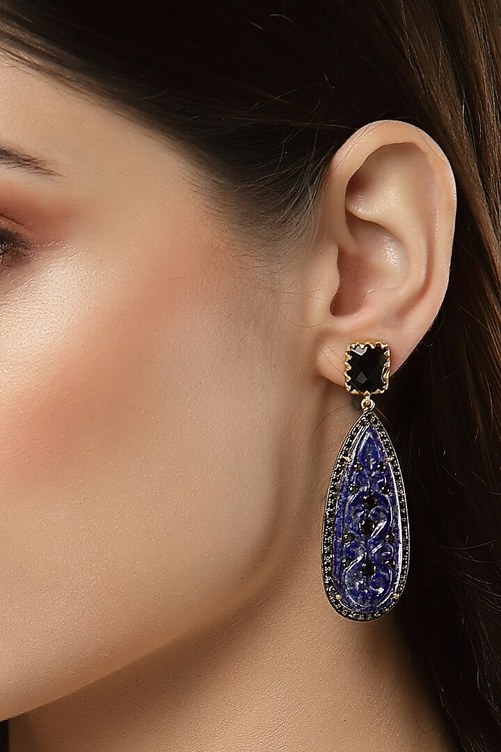 Gold Finish Lapis & Black Onyx Dangler Earrings In Sterling Silver by Jewels by Praccessorii at Pernia's Pop Up Shop