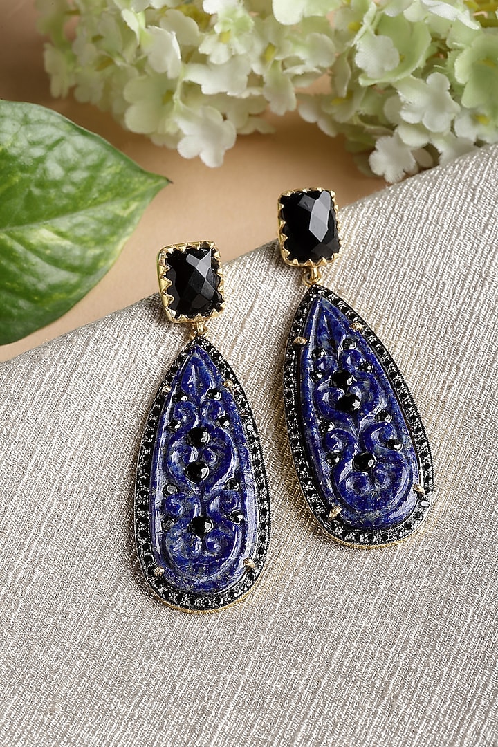 Gold Finish Lapis & Black Onyx Dangler Earrings In Sterling Silver by Jewels by Praccessorii at Pernia's Pop Up Shop