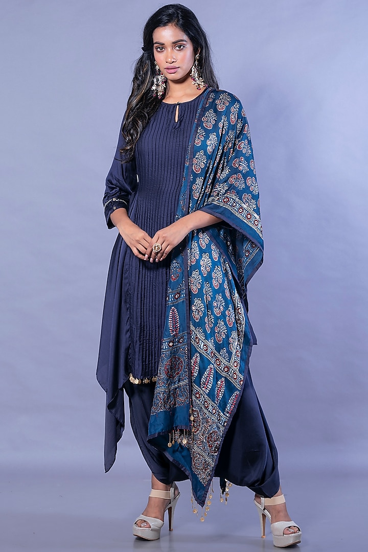 Midnight Blue Satin Silk Skirt Set by Prahnaaya