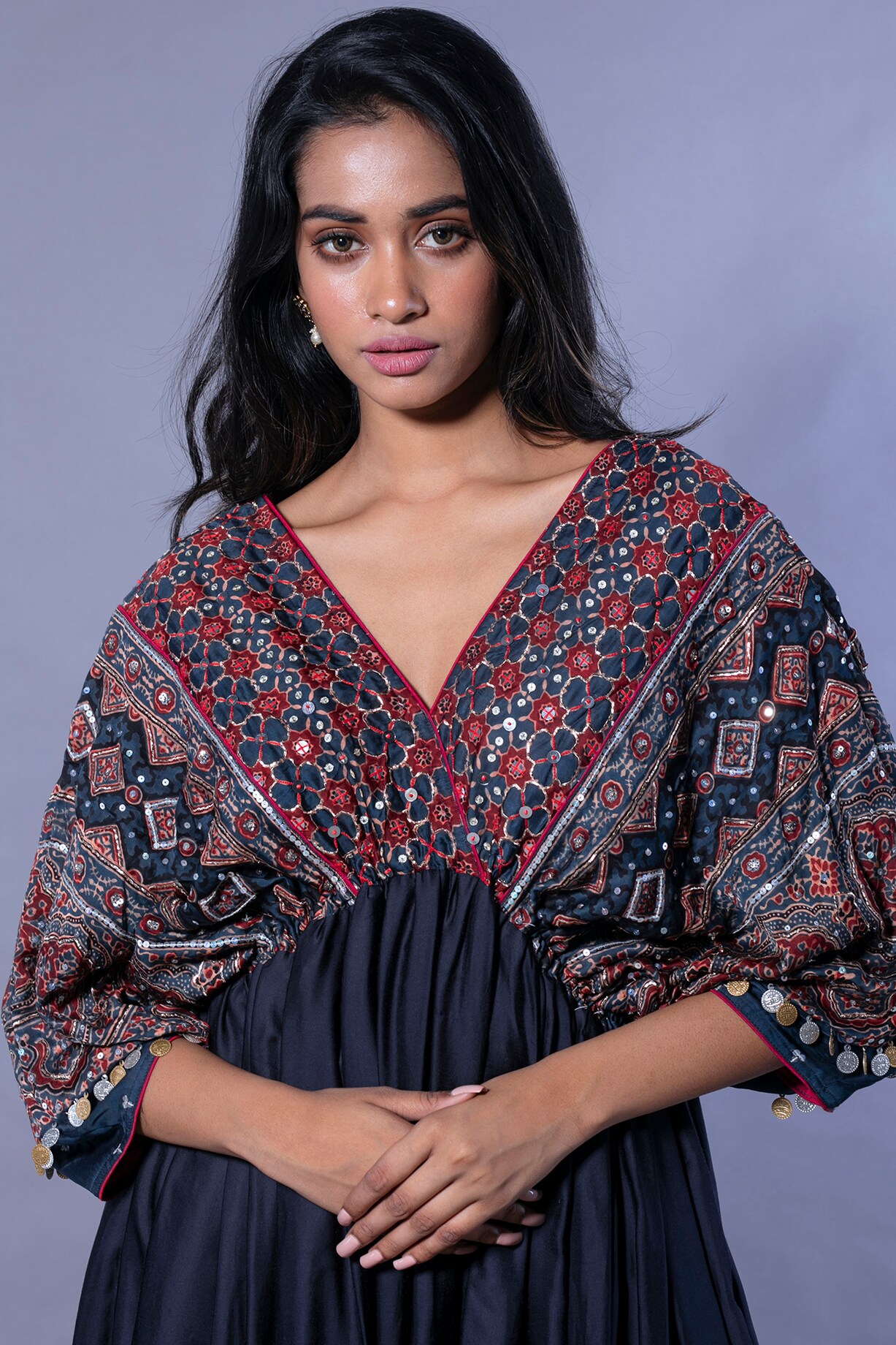 Ruhani Midnight Blue Flared Silk Kurta With Bandhej