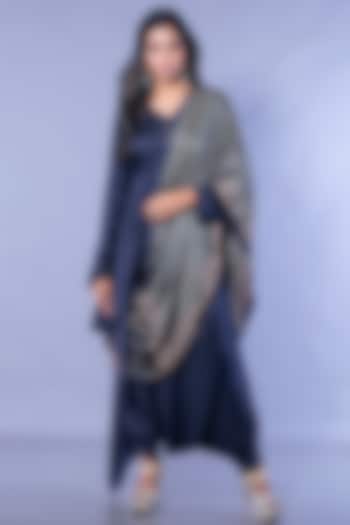 Midnight Blue Satin Silk Asymmetrical Tunic Set by Prahnaaya