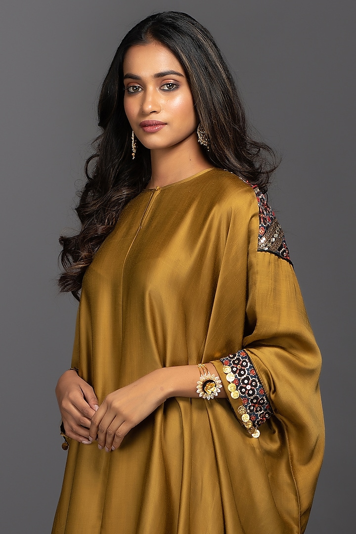 Gold Mustard Hand Embroidered Kaftan Set by Prahnaaya at Pernia's Pop Up Shop