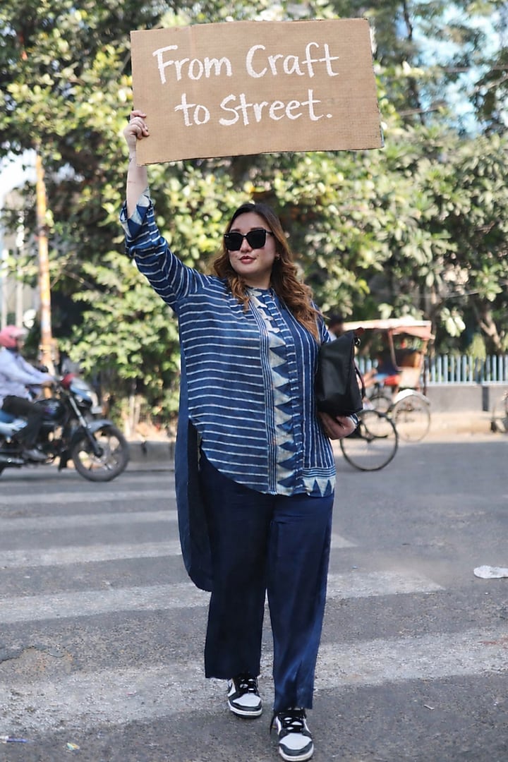 Blue Modal Satin & Satin Ajrakh Handblock Printed Co-Ord Set by Prahnaaya at Pernia's Pop Up Shop