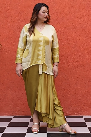 Yellow Modal Satin Draped Skirt Set by Prahnaaya