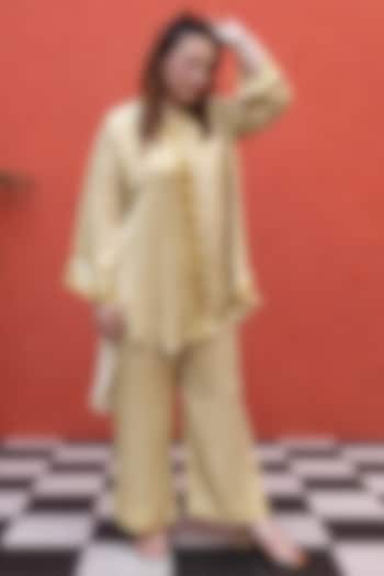 Mustard Modal Satin Ajrakh Handblock Printed Co-Ord Set by Prahnaaya at Pernia's Pop Up Shop