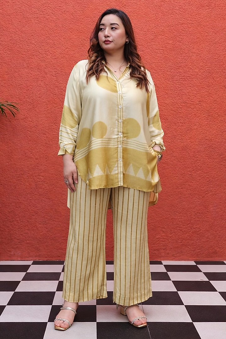 Mustard Modal Satin Ajrakh Handblock Printed Co-Ord Set by Prahnaaya at Pernia's Pop Up Shop