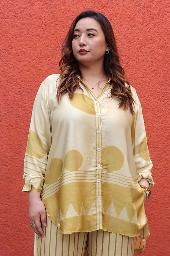 Mustard Modal Satin Ajrakh Handblock Printed Co-Ord Set by Prahnaaya at Pernia's Pop Up Shop
