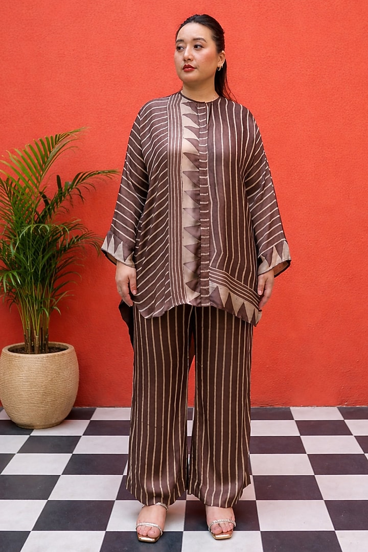 Brown Modal Satin Ajrakh Handblock Printed Co-Ord Set by Prahnaaya at Pernia's Pop Up Shop