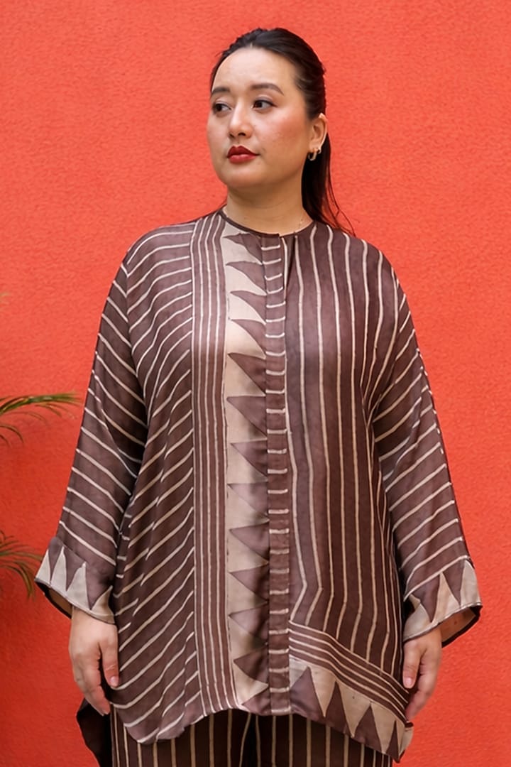 Brown Modal Satin Ajrakh Handblock Printed Co-Ord Set by Prahnaaya at Pernia's Pop Up Shop