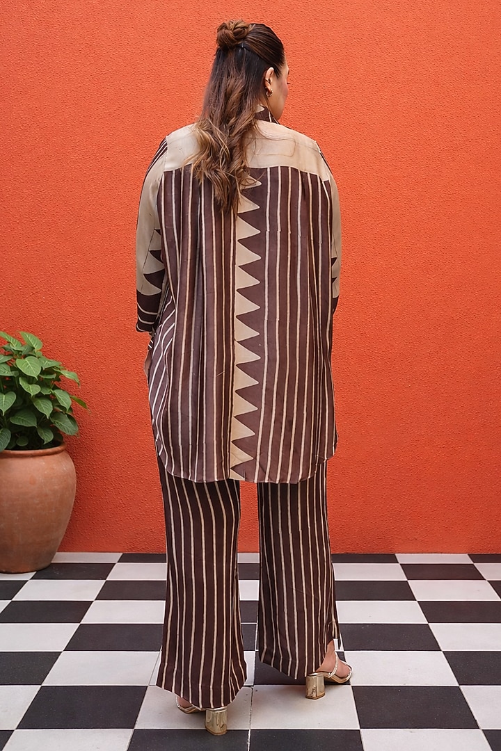 Brown Modal Satin Ajrakh Handblock Printed Co-Ord Set by Prahnaaya at Pernia's Pop Up Shop