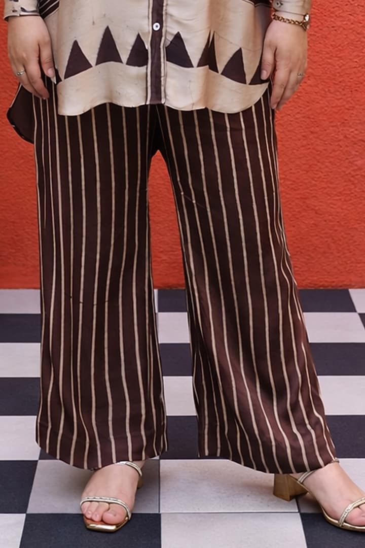 Brown Modal Satin Ajrakh Handblock Printed Co-Ord Set by Prahnaaya at Pernia's Pop Up Shop