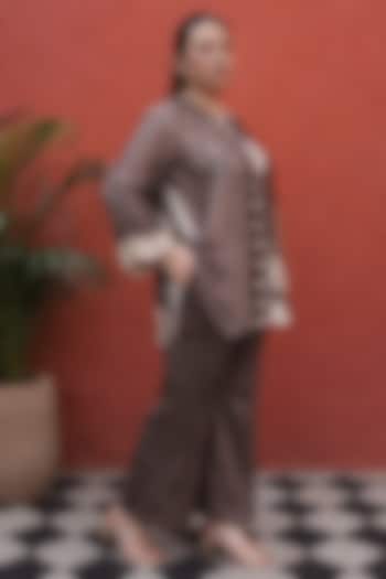 Brown Modal Satin Ajrakh Handblock Printed Co-Ord Set by Prahnaaya at Pernia's Pop Up Shop