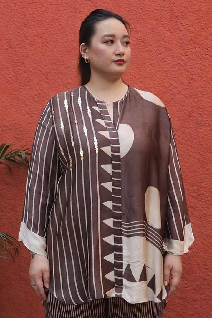 Brown Modal Satin Ajrakh Handblock Printed Co-Ord Set by Prahnaaya at Pernia's Pop Up Shop