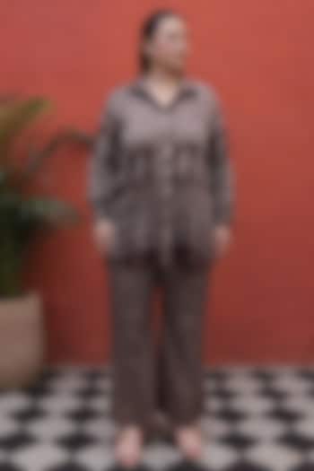 Brown Modal Satin Ajrakh Hand Block Printed Co-Ord Set by Prahnaaya at Pernia's Pop Up Shop