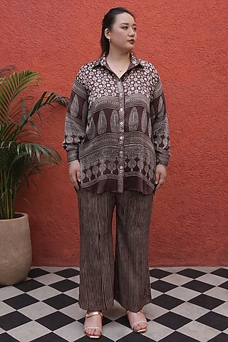 Brown Modal Satin Ajrakh Hand Block Printed Co-Ord Set by Prahnaaya