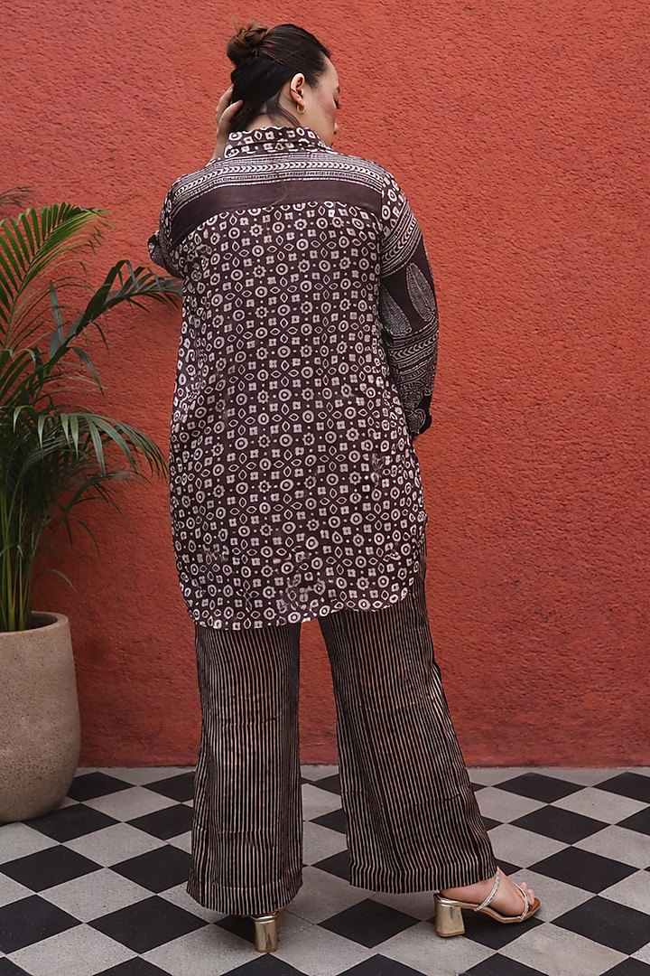 Brown Modal Satin Ajrakh Hand Block Printed Co-Ord Set by Prahnaaya at Pernia's Pop Up Shop