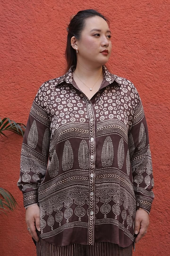 Brown Modal Satin Ajrakh Hand Block Printed Co-Ord Set by Prahnaaya at Pernia's Pop Up Shop