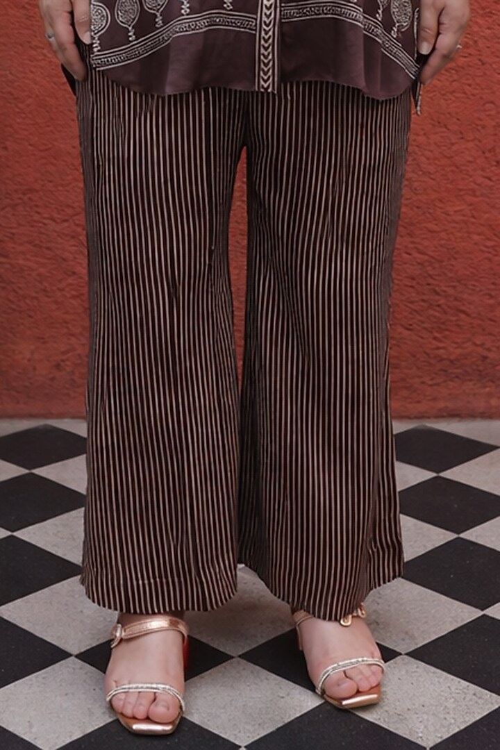 Brown Modal Satin Ajrakh Hand Block Printed Co-Ord Set by Prahnaaya at Pernia's Pop Up Shop