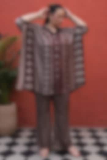 Brown Modal Satin Ajrakh Hand Block Printed Co-Ord Set by Prahnaaya at Pernia's Pop Up Shop